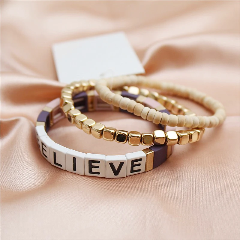 

3PCS/SET BELIEVE Letter Fashion Adjustable Trendy Wood Beads Handmade Bracelet Bangles for Women Girls Party Daily Wrist Jewelry