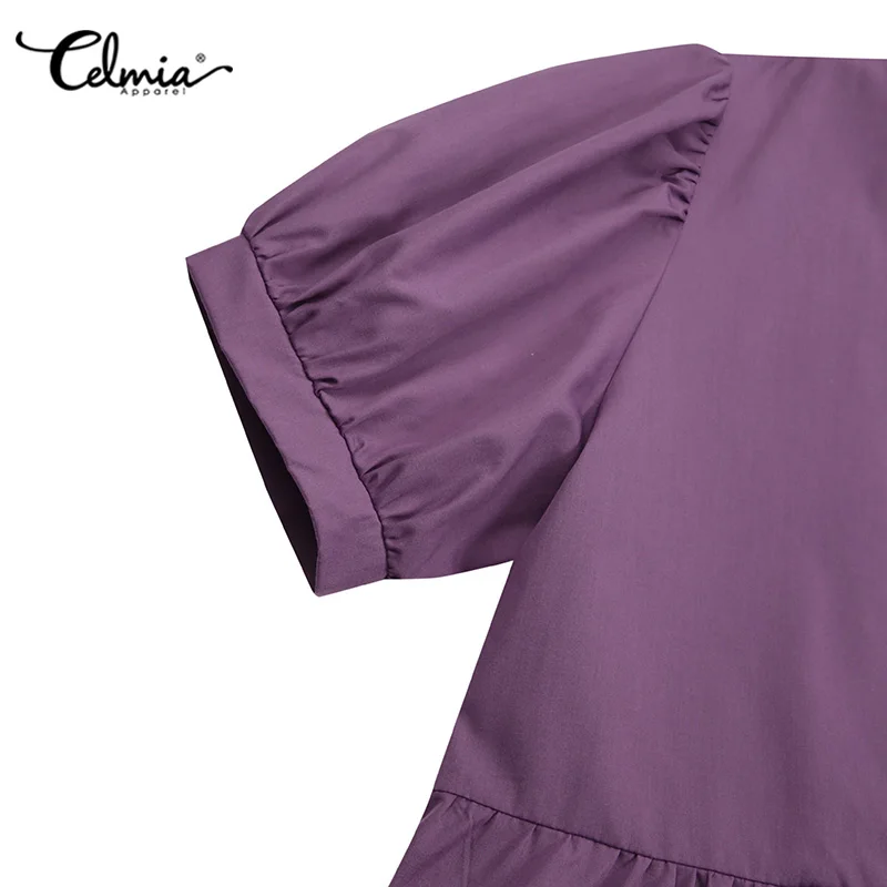 

Celmia Women Sexy Fashion Long Dress V Neck Puff Sleeve Maxi Sundress Summer Casual Loose Solid Pleated Holiday Party Vestidos