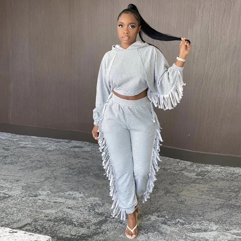 

Spring and Autumn Street Fashion Women's Hooded Bat-sleeve Tassels Cropped Elastic High-waisted Trousers Sweater Suit