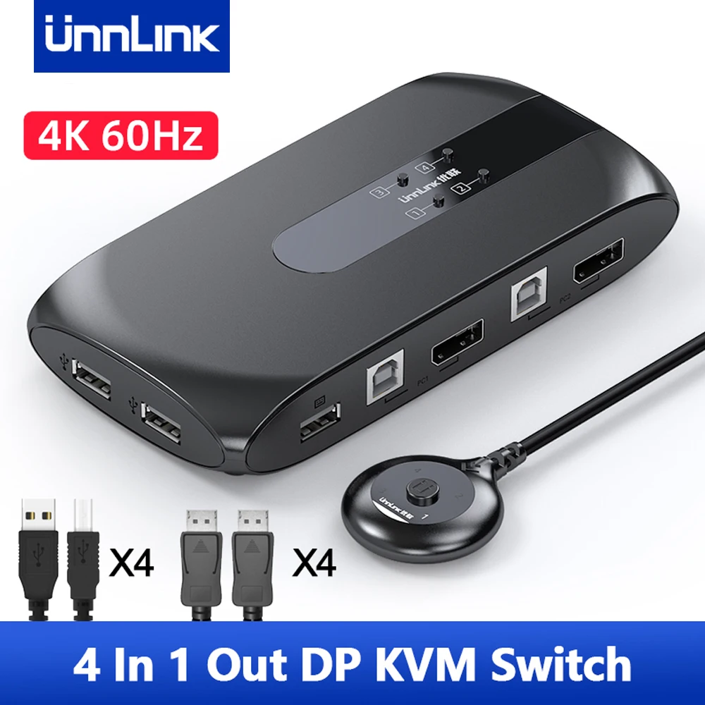 

Unnlink Displayport KVM Switch 4K 60Hz DP Switcher 4 Computers Share 1 Monitor 4 USB 2.0 Ports Mouse Keyboard for Host Laptop TV