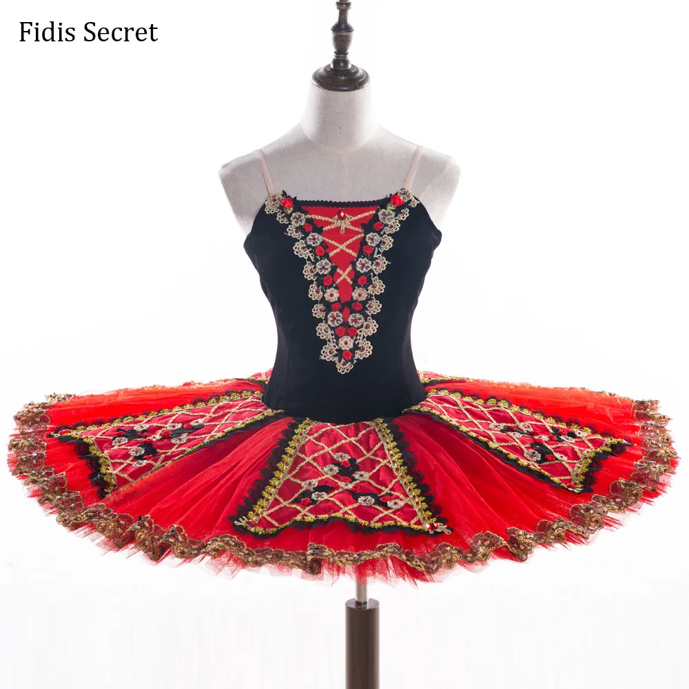 

High Quality Classical Pancake Ballet Tutu,Black Velvet Bodice w/Red Tutu Overlay,Girls Ballerina Stage Performance Costumes