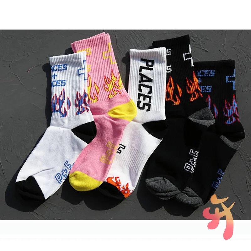 

PLACES+FACES Tube Socks Men's Women's Flame Letters Pure Cotton Cross Middle Tube Socks P+F Street Hip Hop Sports Socks