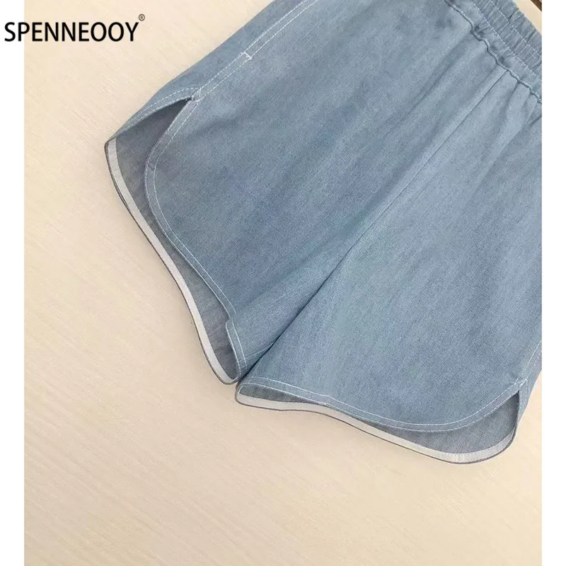 SPENNYMOOR Designer Brand Summer Denim Shorts Women Elastic Waist Letter Embroidery Casual Shorts