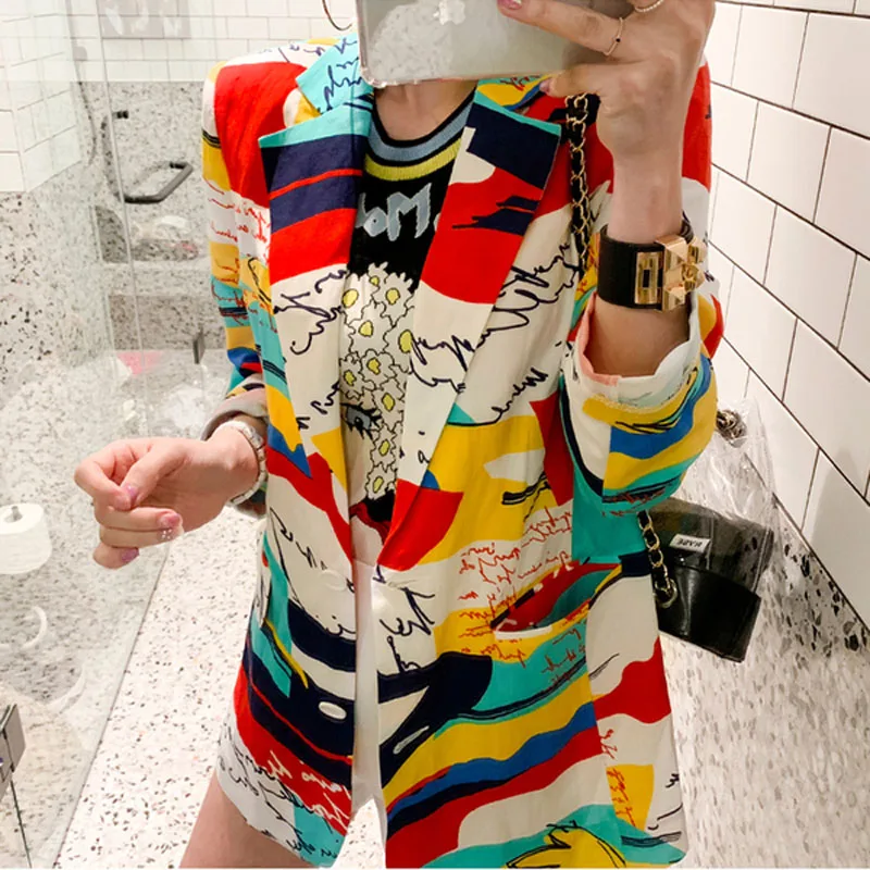 2019 Autumn Korea Thin Blazer Women Long Sleeve Notched Printing Flower multicolor V Neck Pocket Floral Jacket Coat | Женская одежда