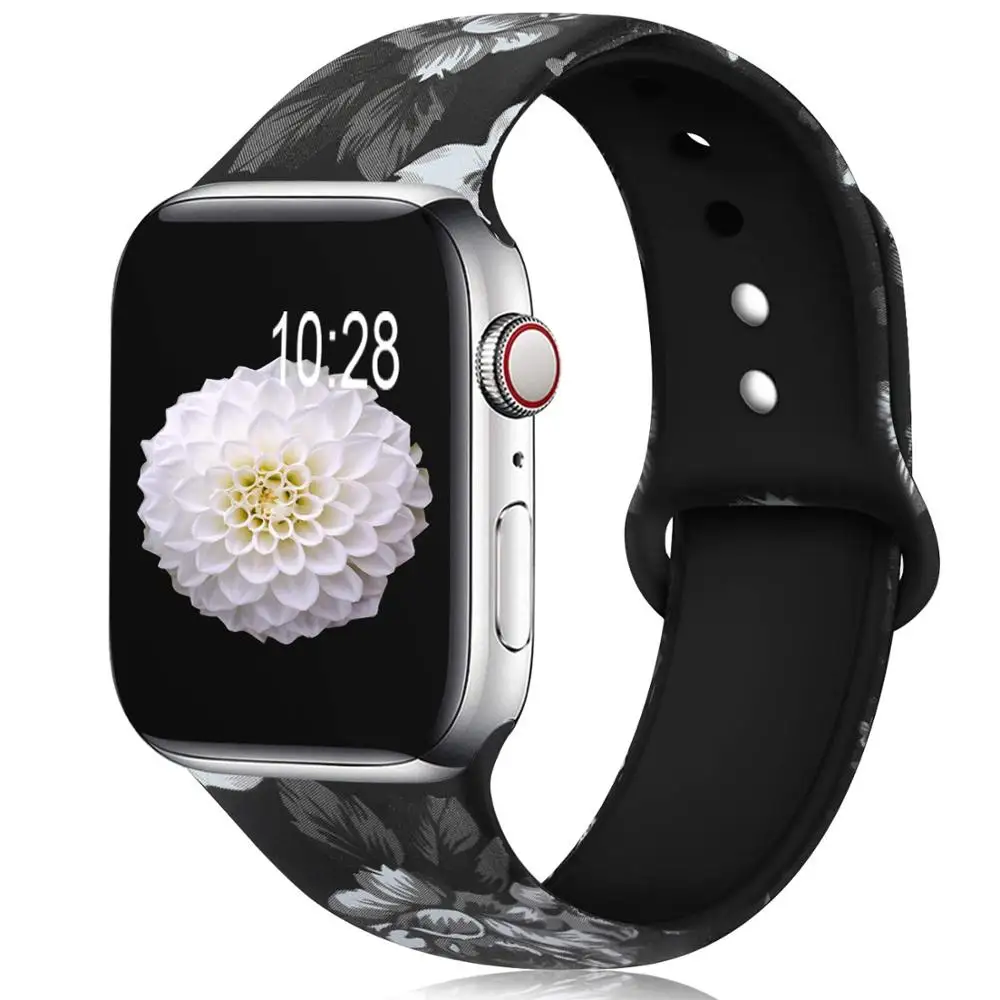 Grey Flower Ленты с цветами для Apple Watch 38 мм 40 мм 42 мм 44 мм, леопардовые силиконовые Печатные Сменные браслеты для iWatch серии 5 4 3 2 - Цвет ремешка: Grey Flower