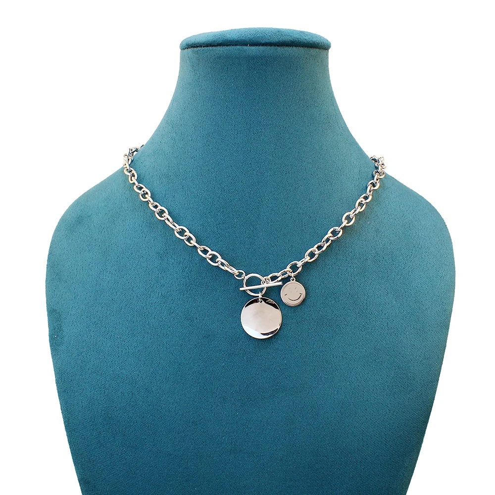 

Fashion Simple Round Smile Pendant Necklace For Women Wedding Punk Silver Color Long Link Chain Choker Chunky Party Jewelry