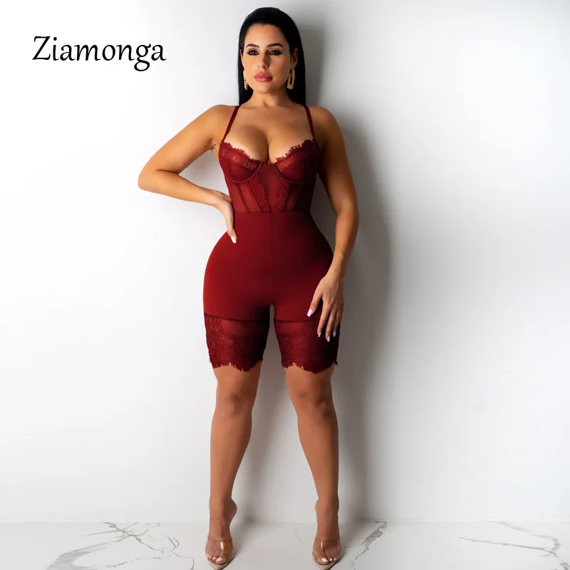 Ziamonga, кружевные женские комбинезоны, спортивный костюм, сексуальный комбинезон с вырезами, женские комбинезоны с v-образным вырезом, вечерние комбинезоны - Цвет: Wine Red