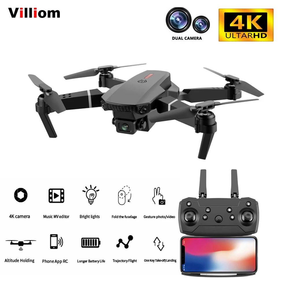 

Villiom E88 Pro Mini Drone with Camera HD 4K Wide Angle 1080P WiFi Fpv Drone Improved version Rc Quadcopter Dron Toy Pk E525 E68