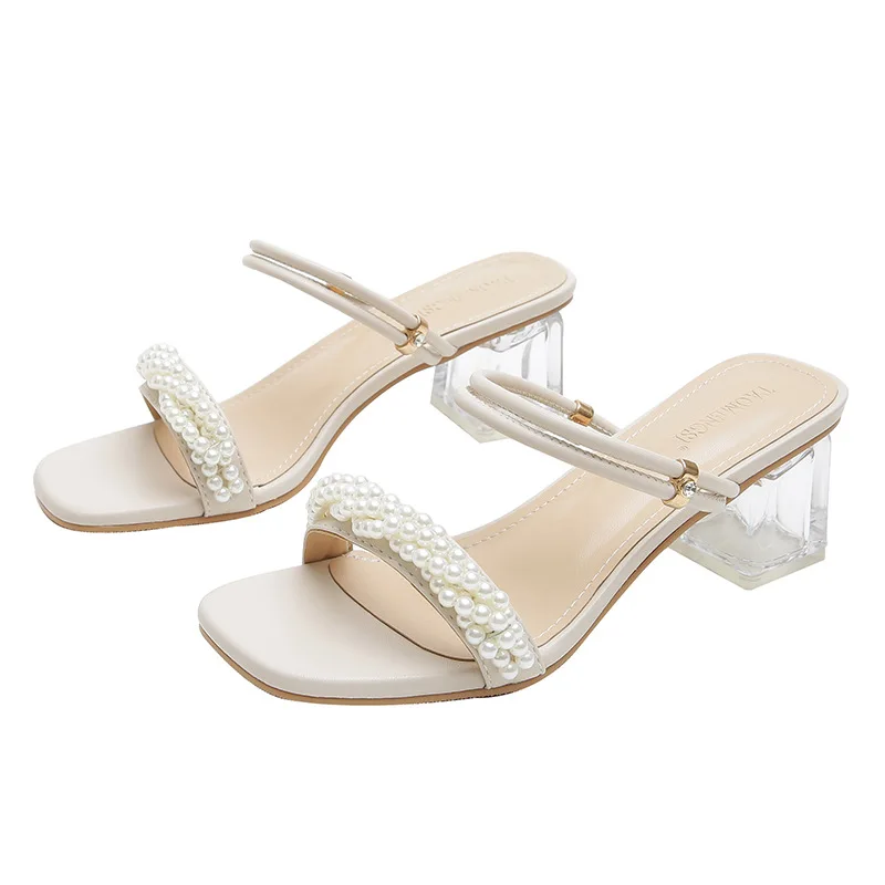 

Women String Bead Heels Slippers Summer Peep Toe Slides Narrow Band Crystal Heel Shoes Fashion Hollow Sandals Clear Shoes