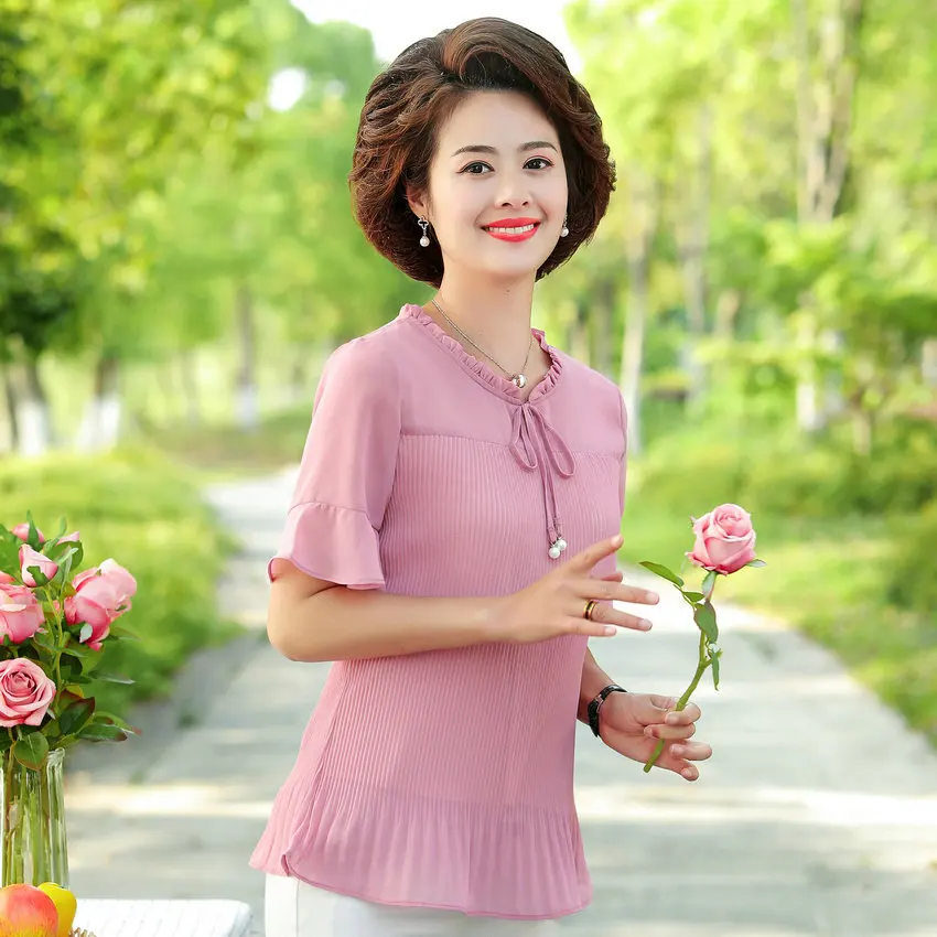 

Summer Red Green Pink Drape Chiffon Blouse Women Laced Up Collar Ruffle Short Sleeve Pleated Top Female Thin Fabric Clothes 4XL