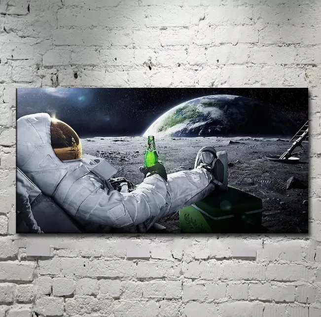 

Modern Art Poster Universe Moon Earth Outer Space Astronaut Drinking Beer Canvas Painting Home Decor Living Room Abstract Mural