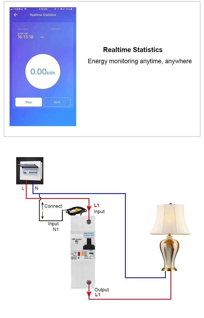 1P WiFi умный выключатель с контролем энергии совместим с Alexa и Google home для умного дома с RS485