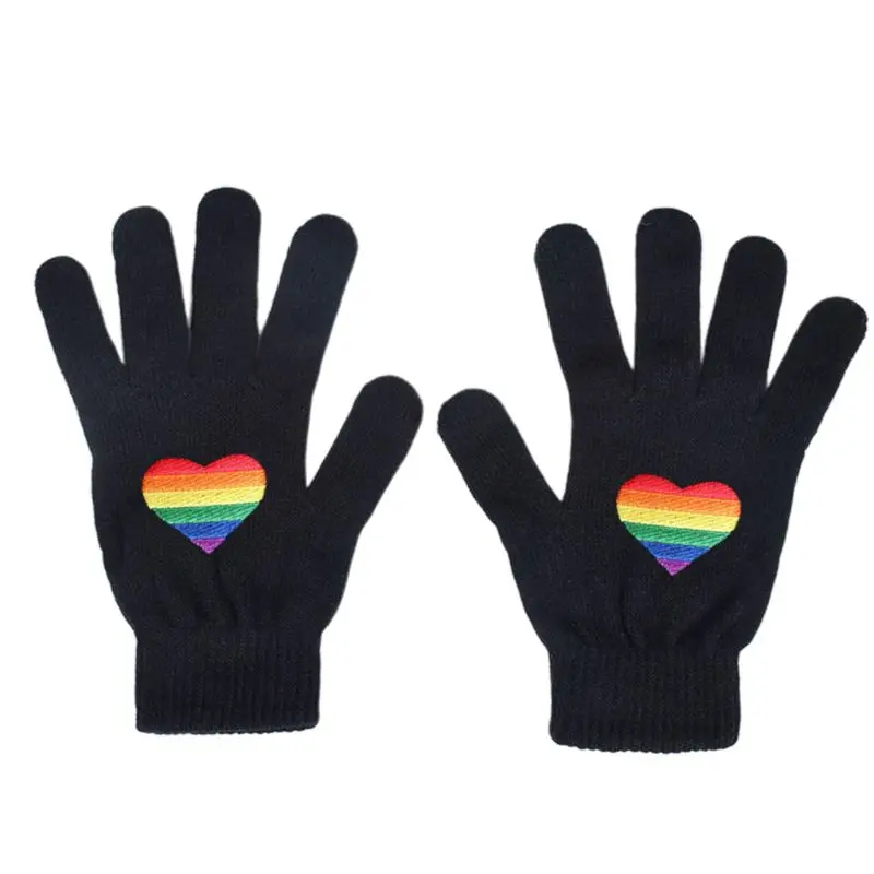 

Unisex Winter Knit Full Fingered Gloves Gay Lesbian Pride Rainbow Stripes Heart Embroidered Hip Hop Warm Thermal Mittens