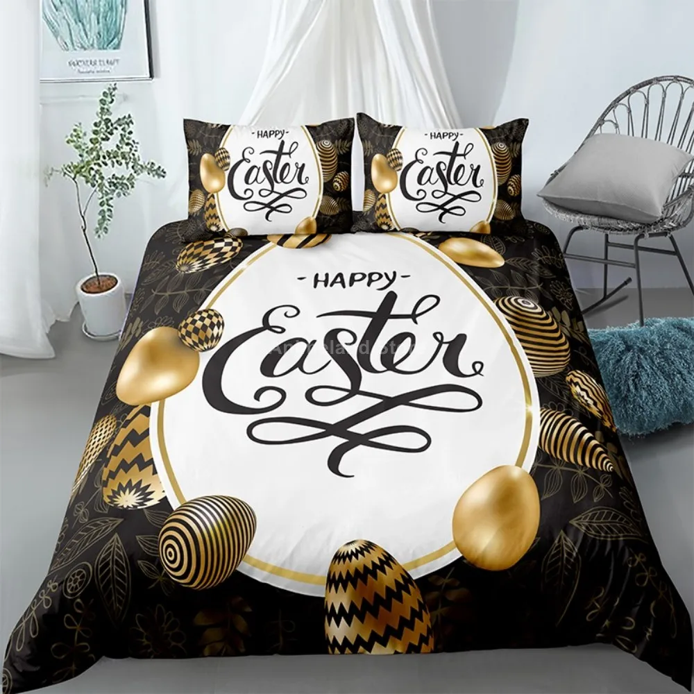 

Комплект постельного белья с золотыми черными яйцами, с 3D принтом, на заказ, на день Пасхи, 2/3 шт., односпальный, королевский комплект пододея...