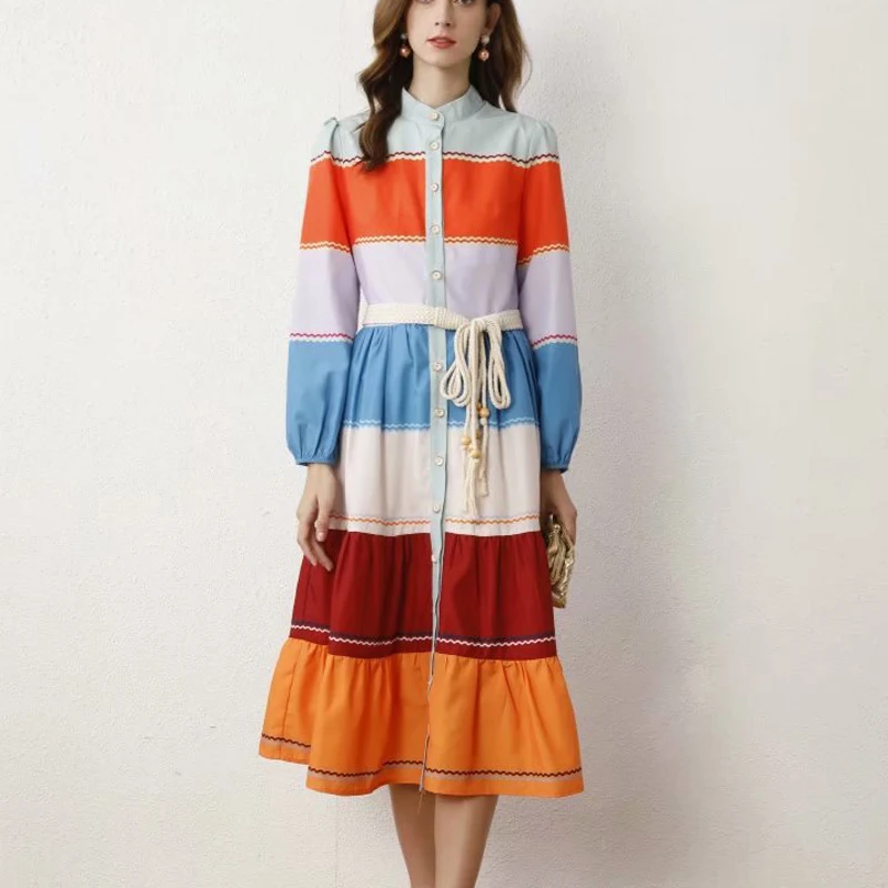 

Fall Runway New Style Retro Ethnic Print Belt Slim Fit Temperament Long-Sleeved Mid-Length Dress High-Quality Women'S Clothing