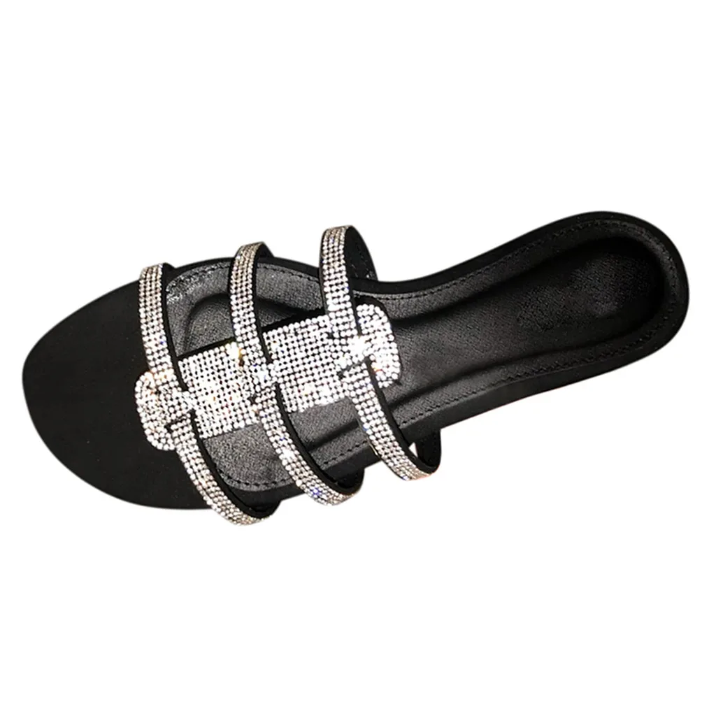 Женские летние шлепанцы на плоской подошве Стразы Римские пляжные сандалии с