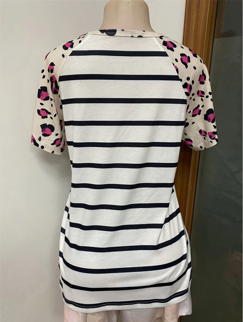 

Leopard Striped T-shirt Summer O-neck Short Sleeve 2021 Women Casual Tops Tee Shirts Female Raglan sleeve Top Lady Streetwear