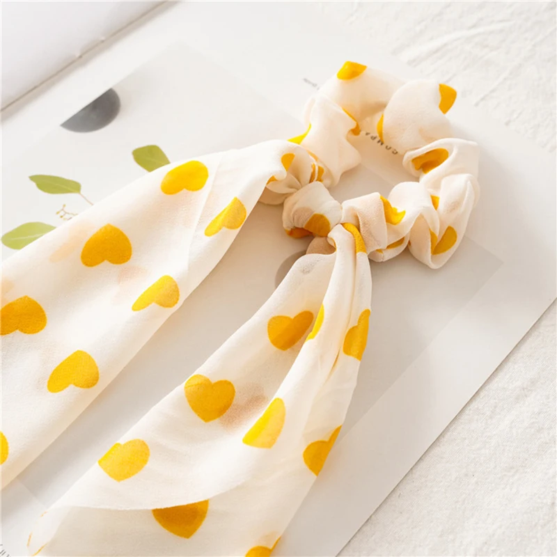 

Peach Heart Print Bow Satin Long Ribbon Ponytail Scarf Hair Tie Scrunchies Women Girls Elastic Hair Bands Hair Accessories