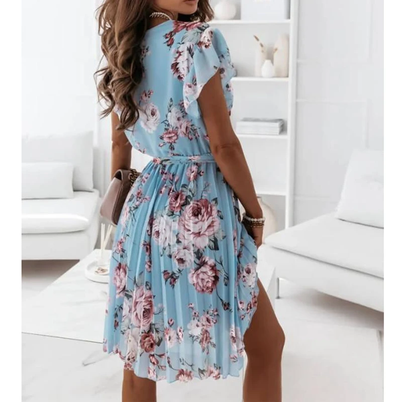 

Fashion Deep V Neck Ruffles Sleeve Floral Print Mini Dress Women 2021 Summer Casual Pink Pleated Office Ladies Dresses For Women