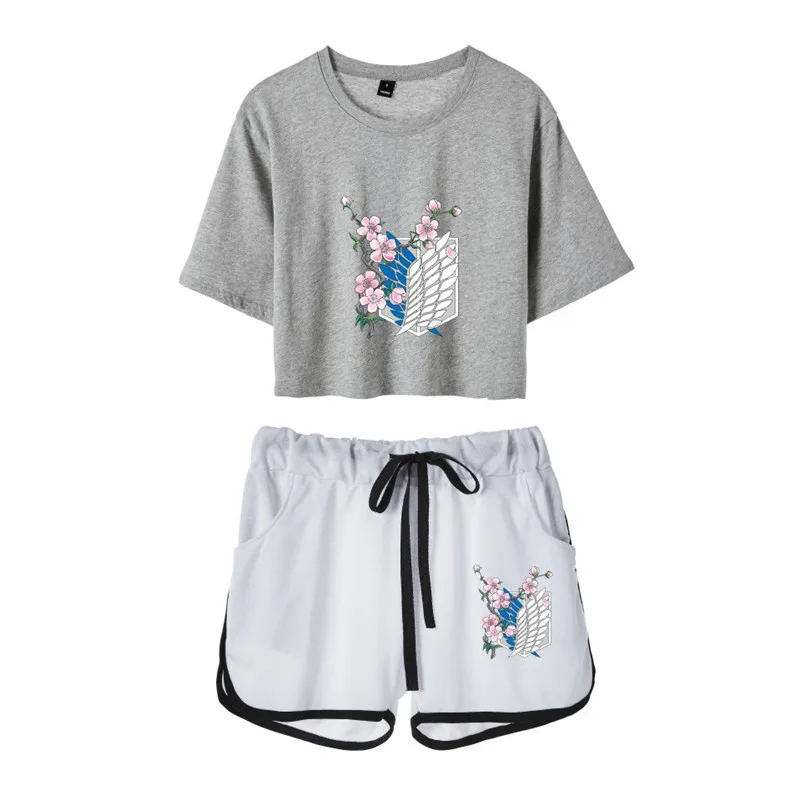 

Summer Women's Sets Anime Attack on Titan Short Sleeve Crop Top + Shorts Sweat Suits Women Tracksuits Two Piece Outfit Cosplay