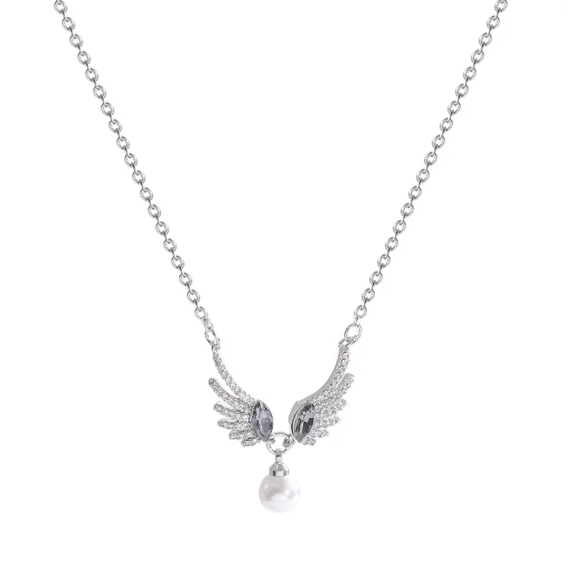

Angel Wings Zircon Pearl Pendant Necklace Titanium Steel Link Chain Chokers Wedding Party Fashion Jewelry For Women Girl