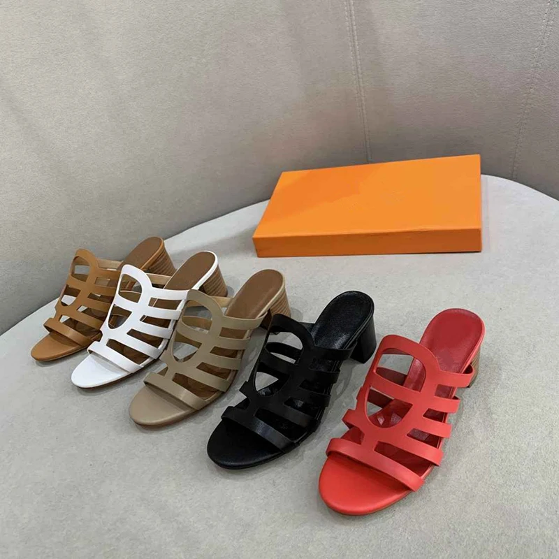 

Genuine Leather Women Slippers Sexy Chuky High Heels Cuts Out Women Mules Summer Slippers High Heels Party Mules Shoes femmes