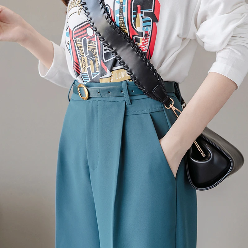 

Casual New 2020 Spring Winter Women Pants Suit High Waist Loose Formal Elegant Office Lady Ankle-Length With Belt Pants 722C