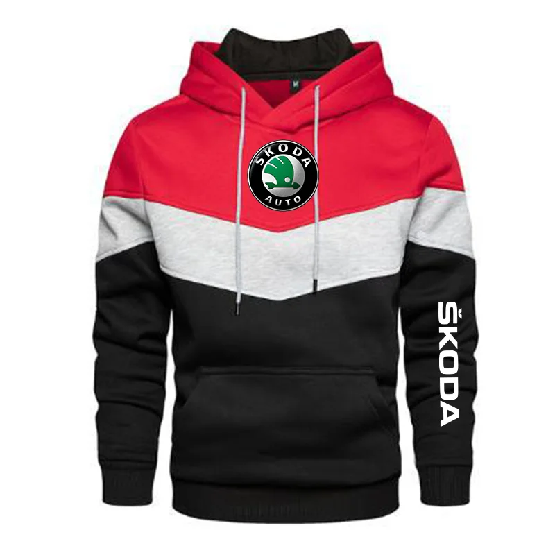 

2021 New Men's Skoda Logo Spring and Autumn Round Neck Casual Pullover Long Sleeve Patchwork Hoodie 5 Colors S-5XL