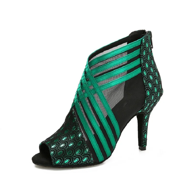 

Heel Height 8.5cm Green Satin With Mesh For Women Salsa Latin Dance Shoes Size US 4-12 Open Toe Professional