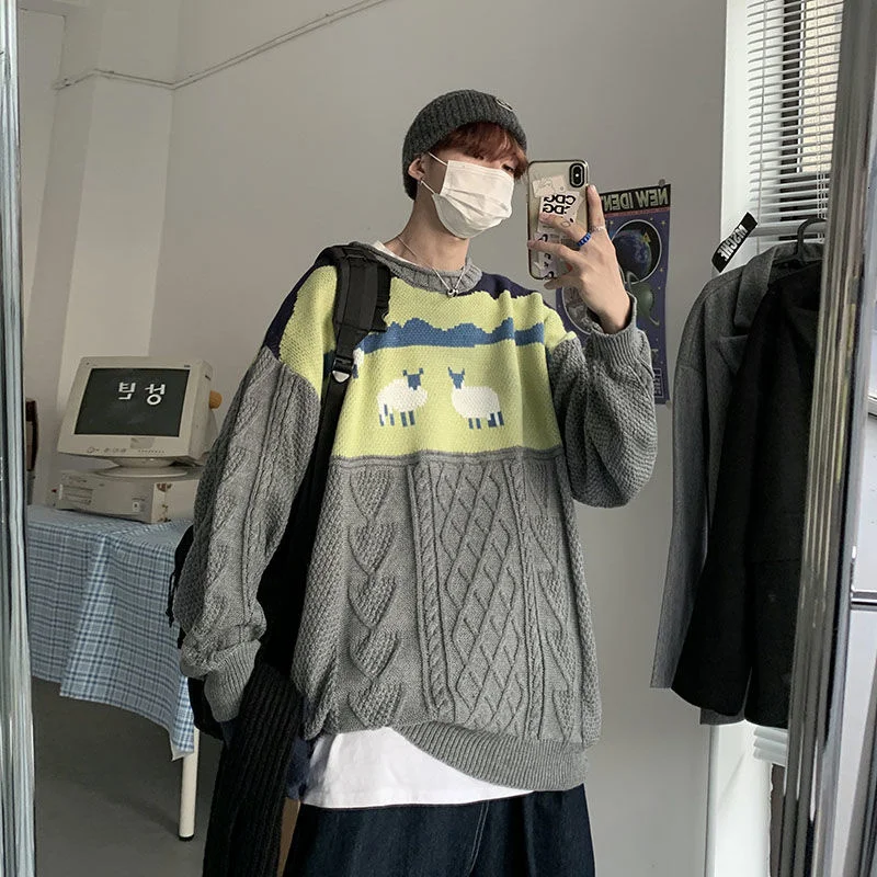 

Knitted Sweater Long Sleeve Round Neck Loose Print Retro Hit Color Trend Streetwear Male Clothes Jacquard Pullover Autumn Winter