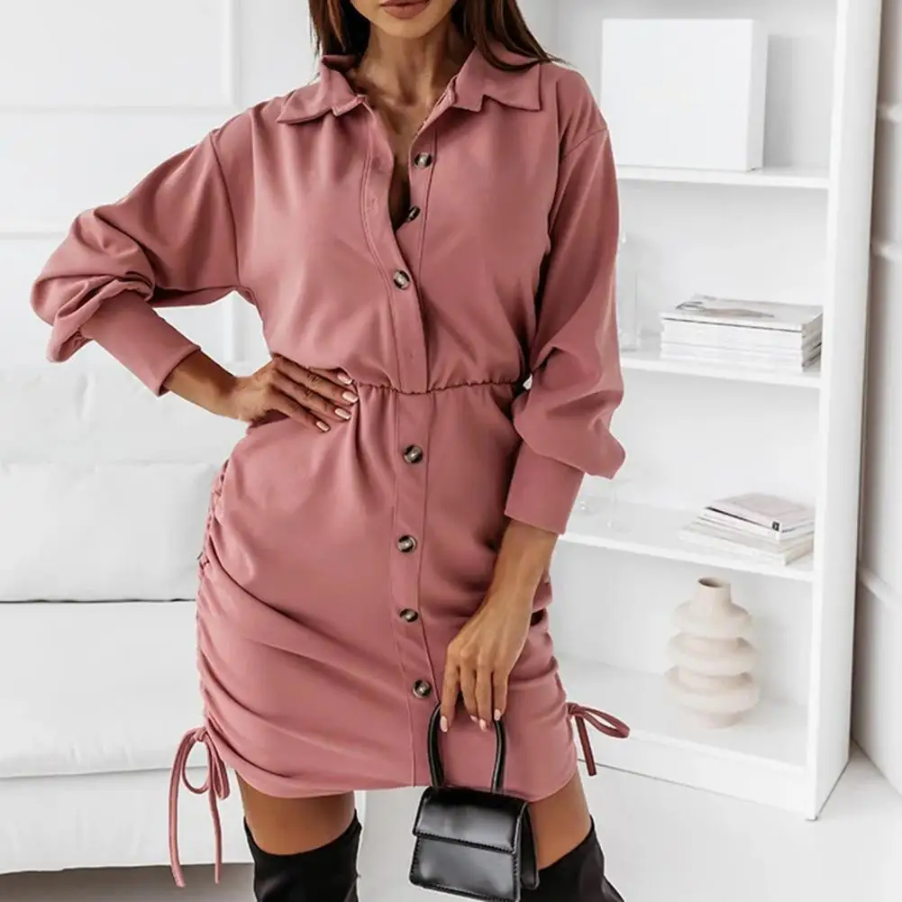

Women Casual Side Drawstring Shirt Dress Retro Button Turn-down Collar Hem Hip Party Dress Autumn Fashion Long Sleeve Mini Dress