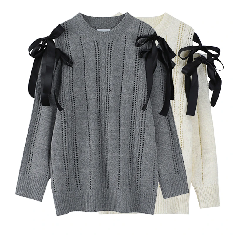 

Design Sense Bowknot Striped Hollow Pattern Round Neck Pullover Sweater Women Loose Versatile Casual Long-sleeved Knitted Blouse