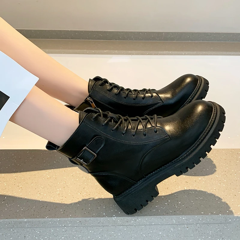

Fashion Autumn Cow Leather Shoes Women Boots Lace Up Platform Motorcyle Boots Side Zipper Booties Female Ankle Boots Shoes Woman