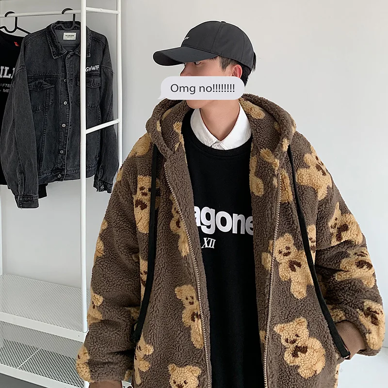 Bear Cotton-Padded Coat Men's Winter Thickened All-Matching Lamb Wool Coat Korean Fashion Couple Hooded Plush Cotton-Padded