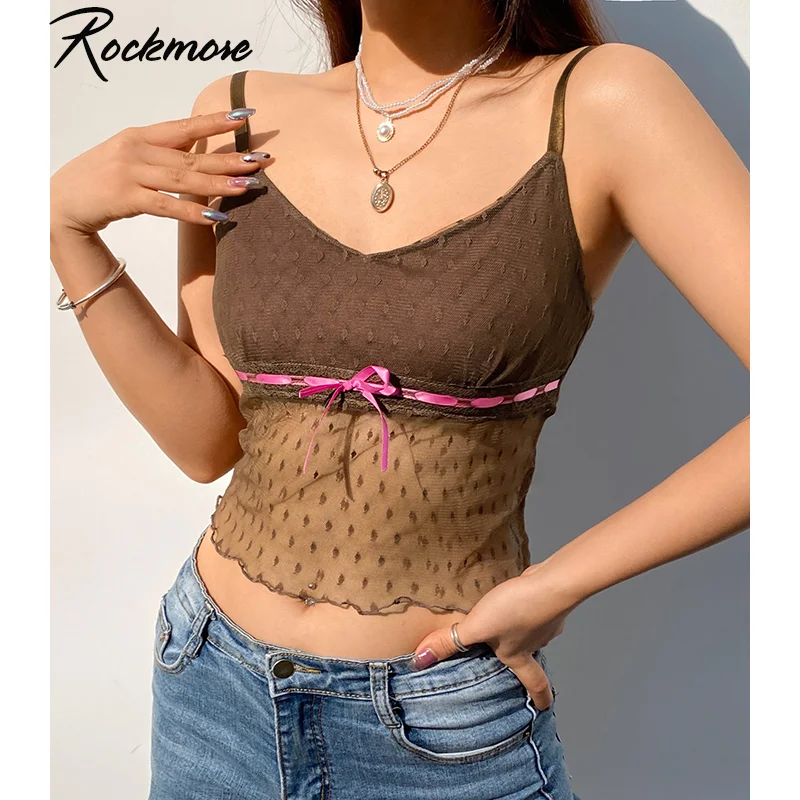 

Rockmore Sexy Mesh Bow Lace Patchwork Backless Crop Top Women 90S Aesthetic Sleeveless Y2K V Neck Tank Top Summer Clothes Party