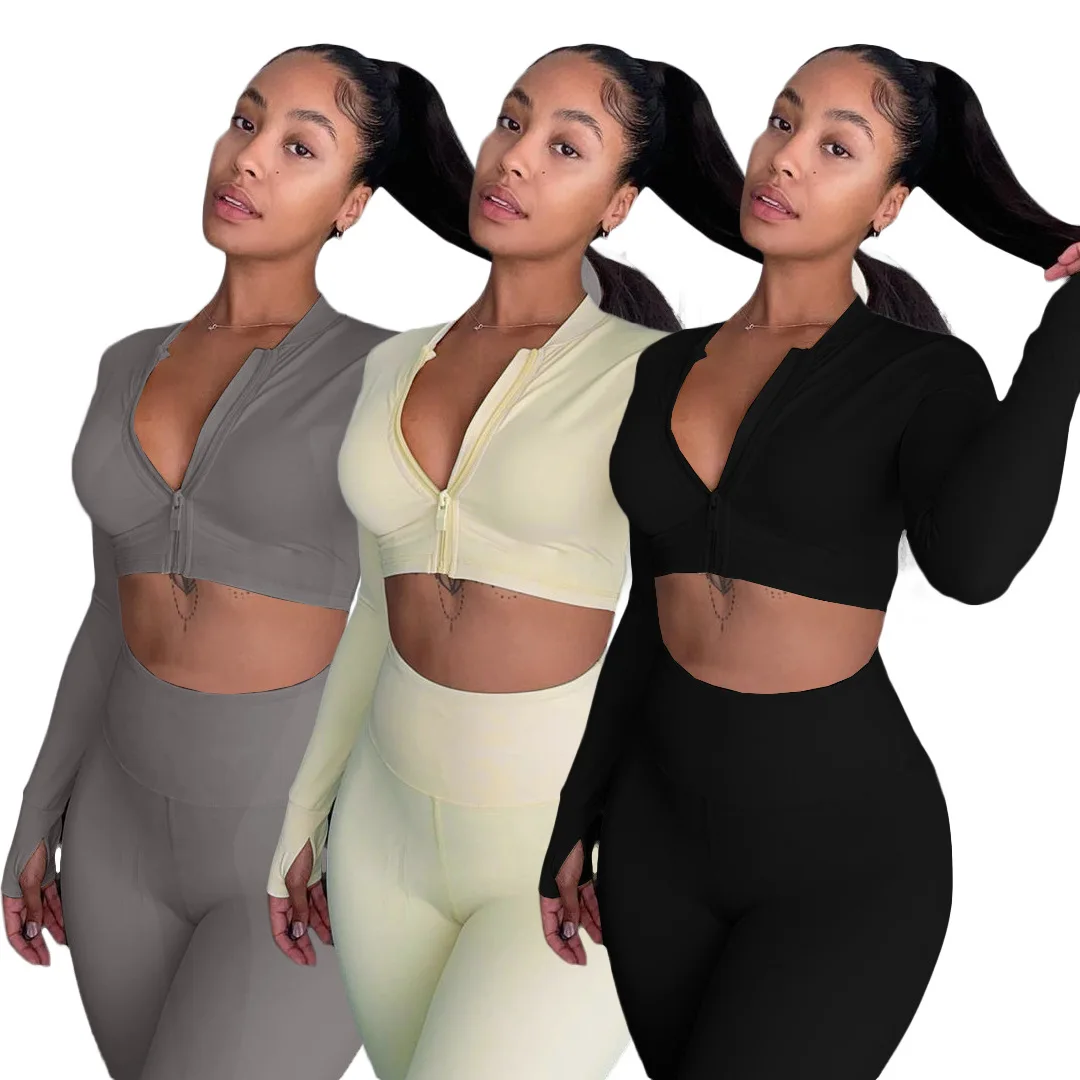 

Women Tracksuit Two Piece Set Casual Long Sleeve Zipper Crop Top+Jogging Leggings Two Piece Outfits for Women Conjuntos De Mujer