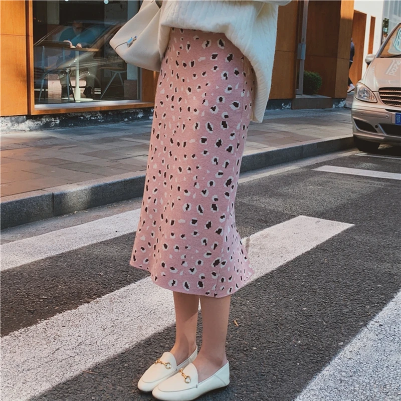 TingYiLi хаки серый розовый Леопардовый свитер юбка-карандаш Осень Зима трикотажная