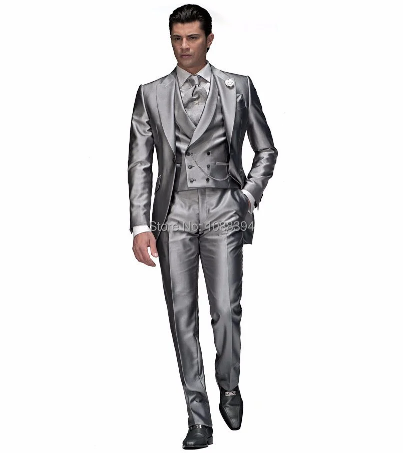 

Новое поступление, Классический смокинг для жениха, блестящие серебряные Свадебные/вечерние костюмы для шафера (пиджак + брюки + галстук + жи...