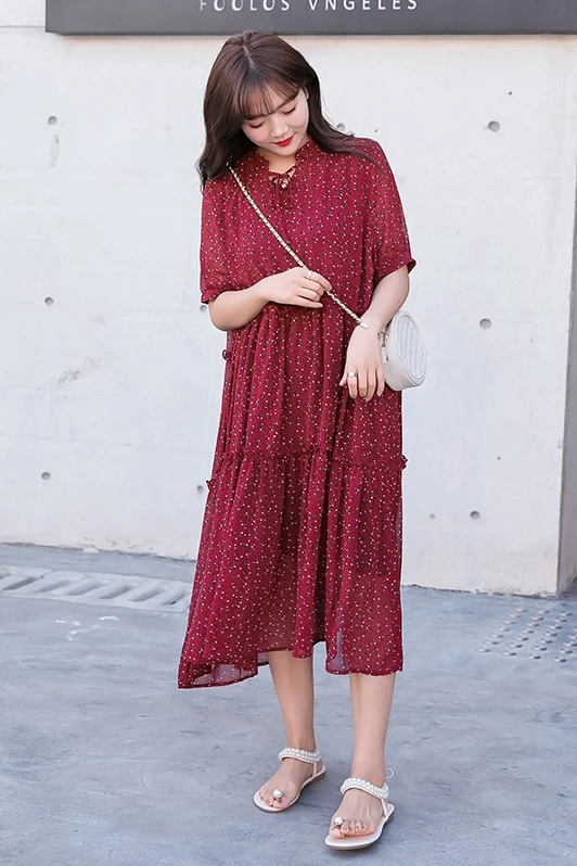 

BIG SIZE Summer Women Fashion Elegant Print Tops Female Ladies Plus Large Short Sleeve Long Chiffon Casual Loose Red Dress