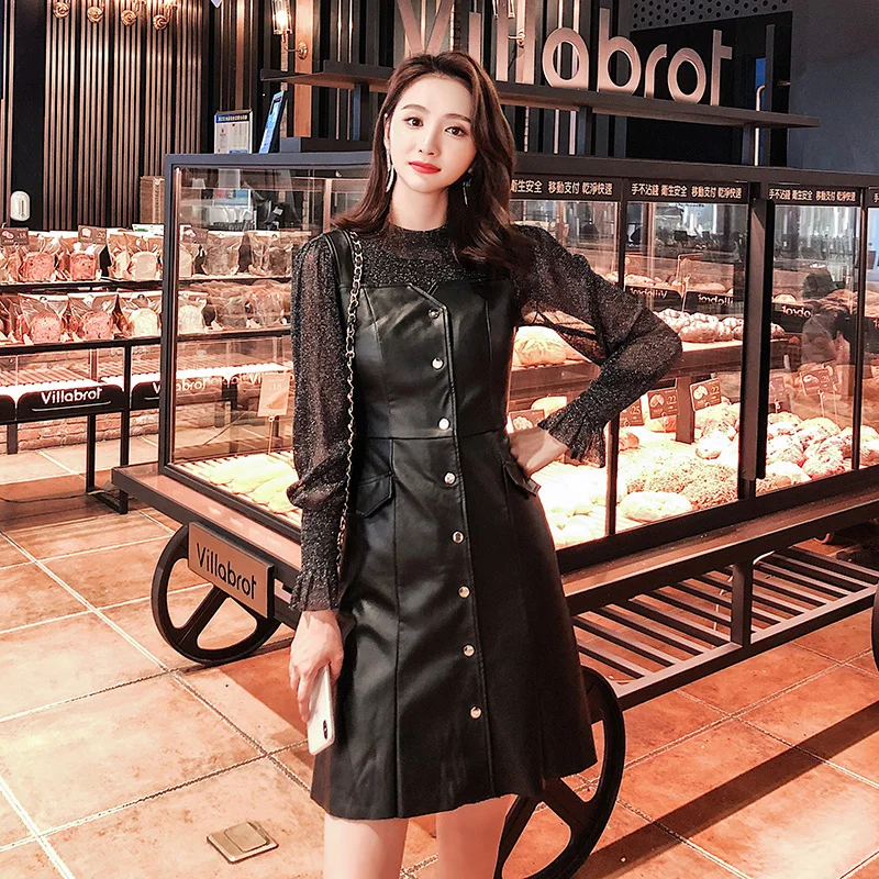 Женское платье с рукавами-фонариками черное 9950 из искусственной кожи 2019 | Женская