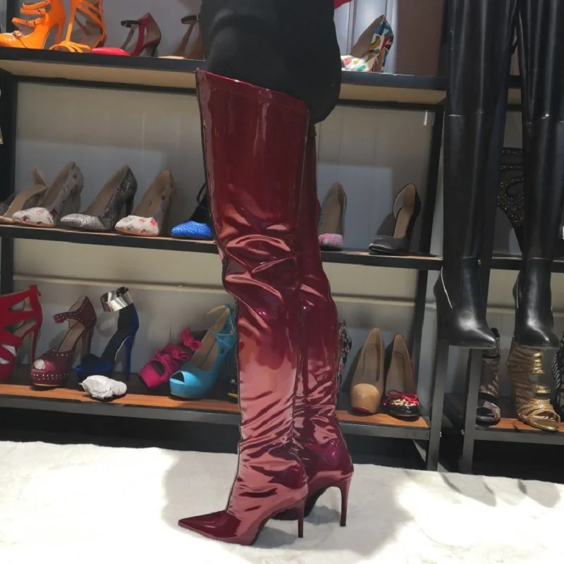 Женские сапоги выше колена с острым носком на тонком каблуке размеры 4-15 | Обувь