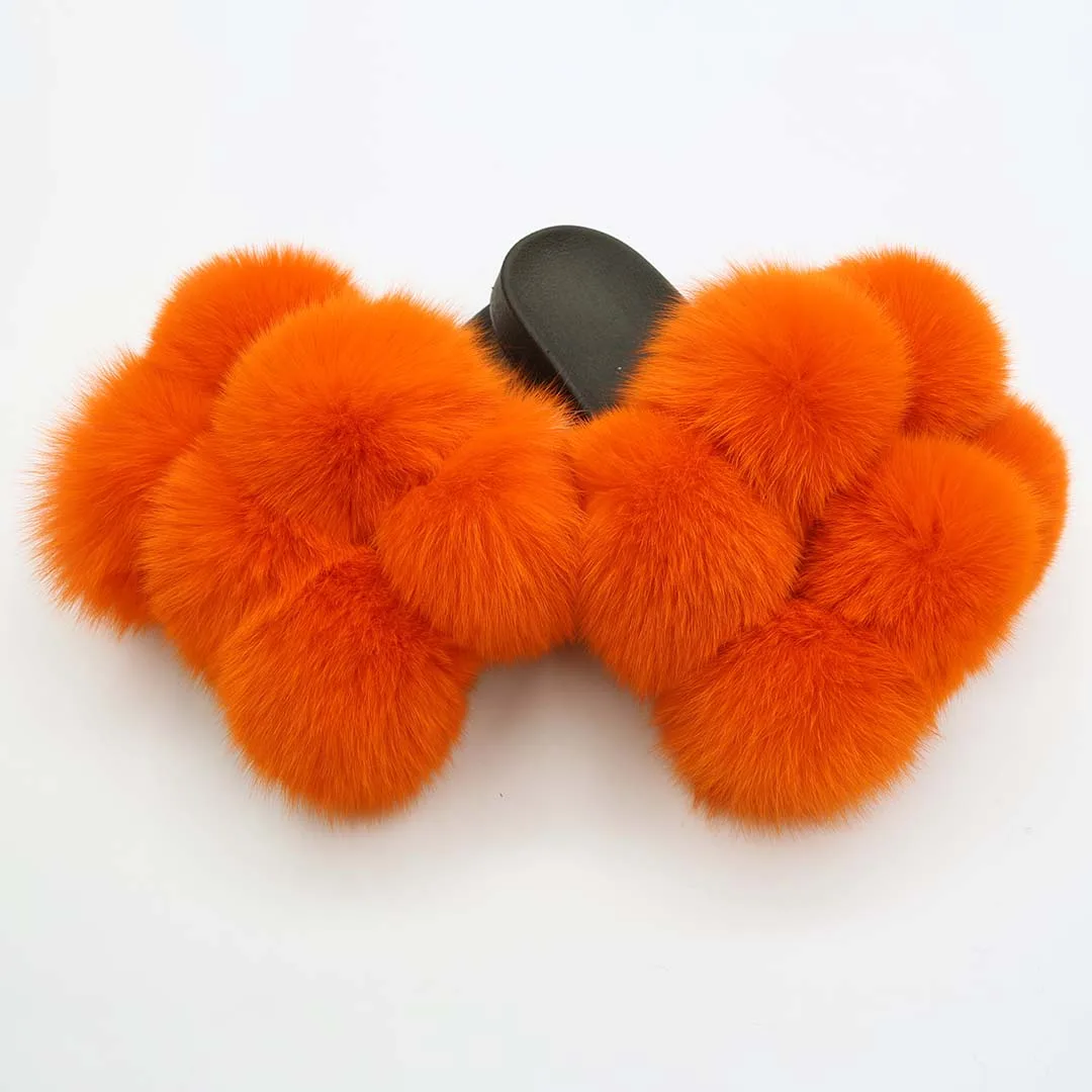 

Real Fox Fur Ball Slippers Winter Comfort Ladies Flat Shoes Women Home Slippers Color Matching Babouche