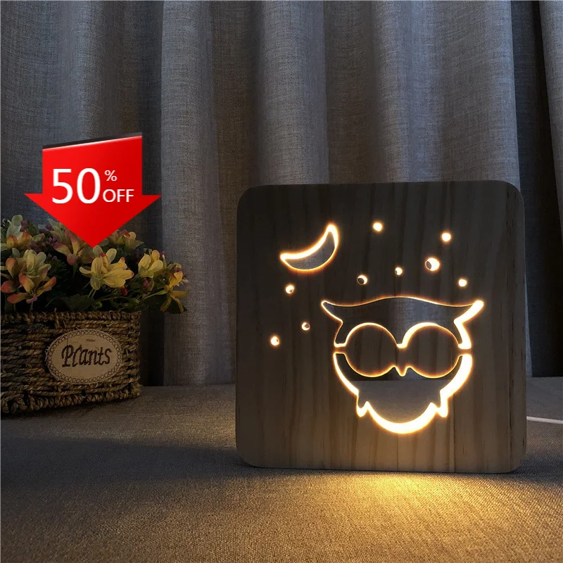 

Creative Wood Night Light Decor Nightlight Cartoon USB Desk Table Lamp 3D Visual Bedroom Child Gift Wood Decorative Lighting