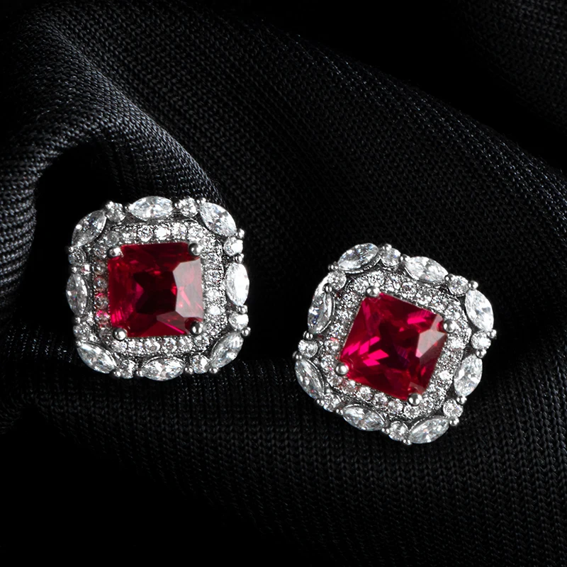

JoyceJelly Trendy Silver 925 Earrings For Women Fine Jewelry Gemstones Square 6*6mm Ruby Female Wedding Ear-studs Wholesale Gift