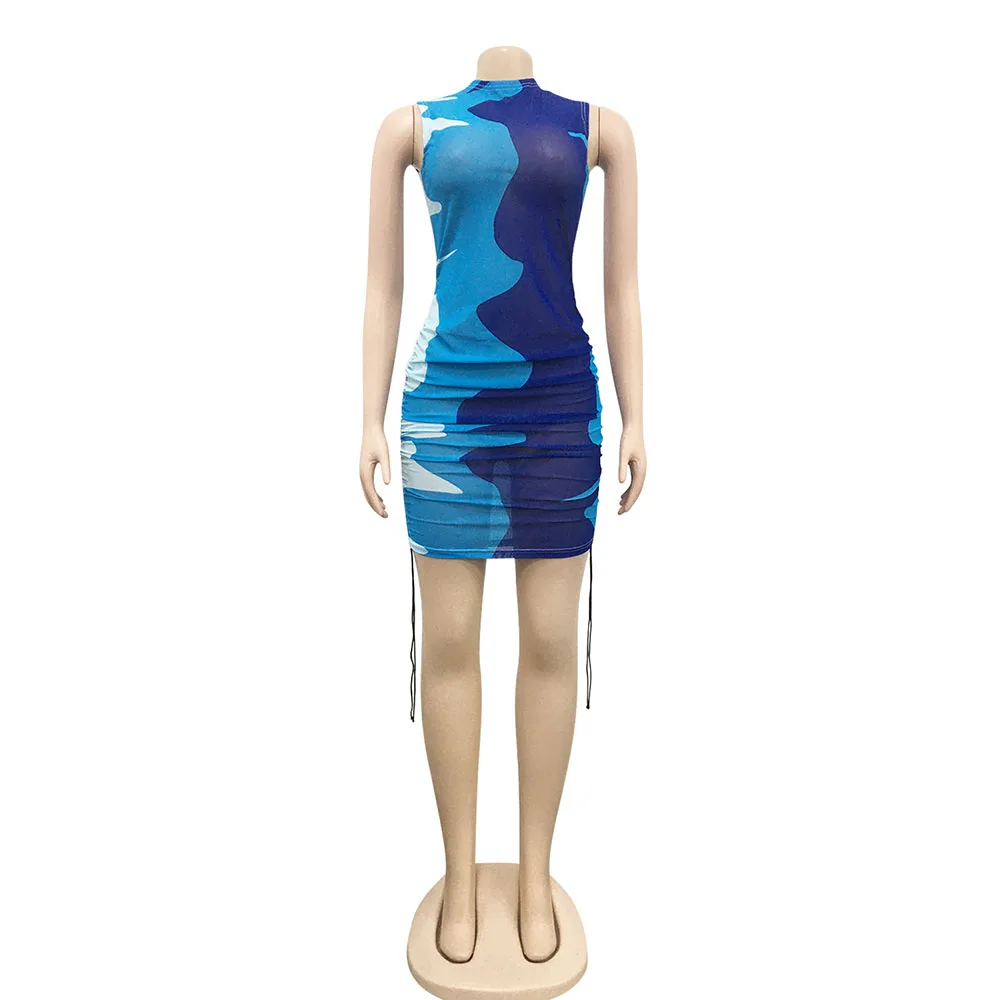 

Color Block Patchwork Sheer Mesh Slim Fit Dress Women Sleeveless Drawstring Bandage Dress Streetwear See Through Sheath Dress