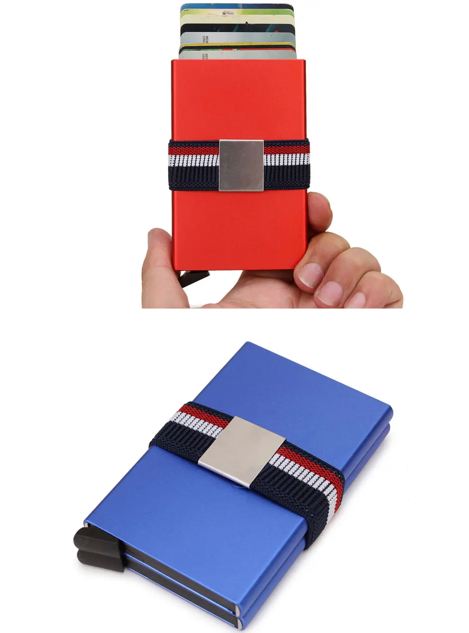 DIENQI, двойной металлический чехол, мужские кошельки, синий, анти-Rfid, блокировка, карта, кошелек, сумка для денег, мужской короткий, всплывающий, волшебный кошелек, маленький кошелек