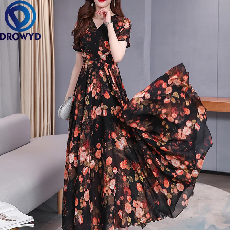 

Summer Maxi Dress Fashion Women Red Print Sexy V-neck Thin Chiffon Floral Boho 4XL Tropical Party Elegant Runway Dresses Vestido