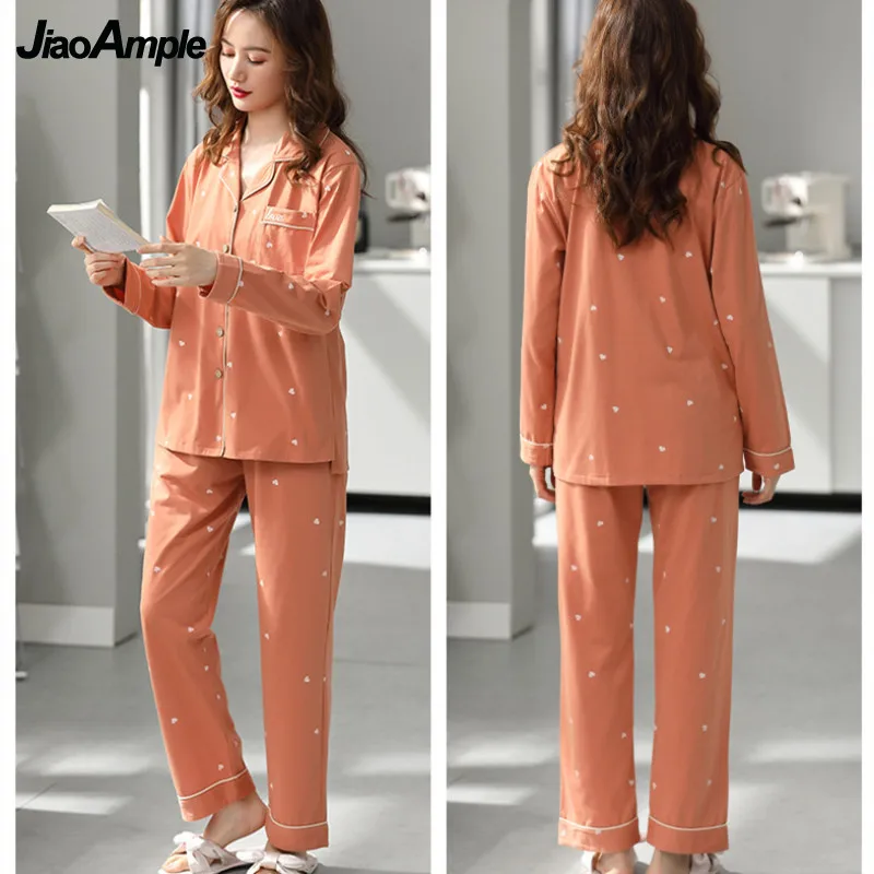 Pure Cotton Pajamas Women's Cute Long-sleeved Trousers Pijamas Two-piece 2022 Spring Autumn New Cartoon Loose Sleepwear Suit