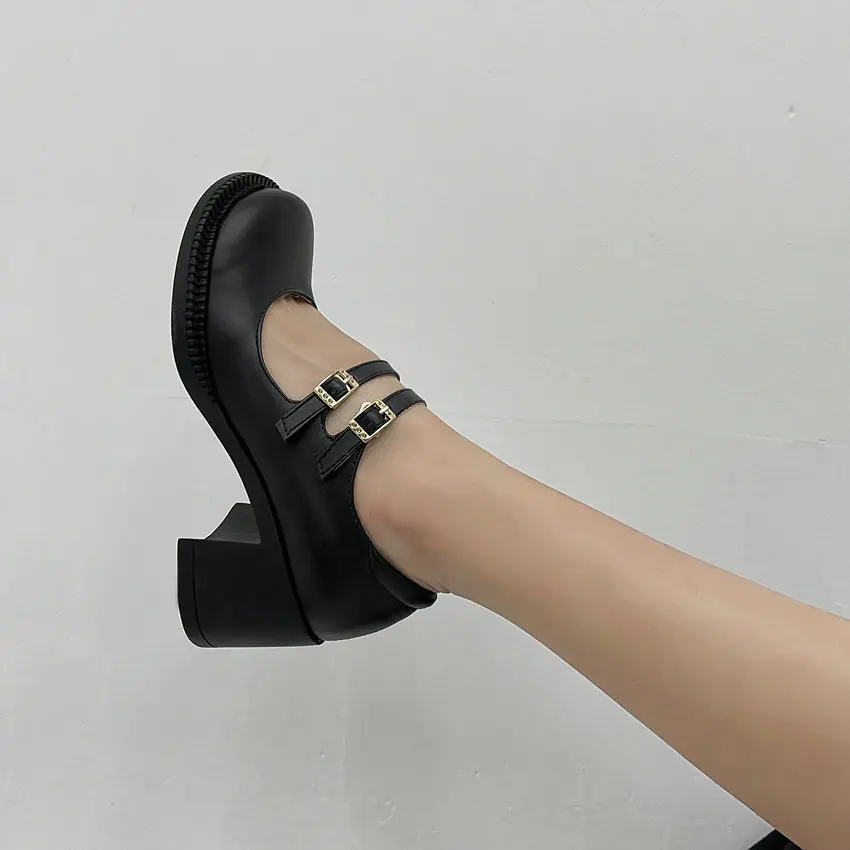 

QUTAA 2021 Microfiber Round Toe All Match Women Pumps Spring Autumn Buckle Ladies Shoes Female Square High Heels Big Size 34-43