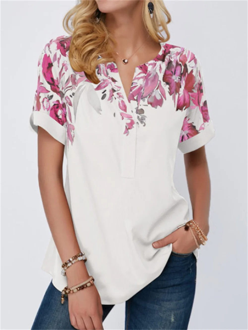 

2021 Summer Women Round Neck T-Shirt Short Sleeve Floral Printing Sweet Style Female Tees Casual All-Match Ladies Pullover Tops